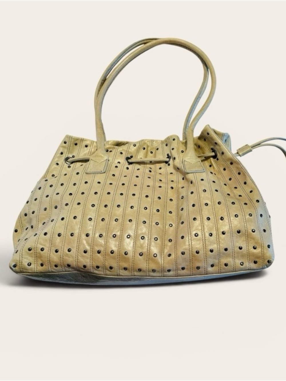 Berge Genuine Leather Studded Drawstring Shoulder Bag Beige Cream Made In Italy